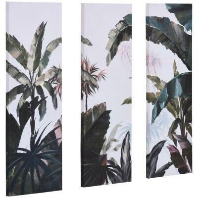 Trittico paesaggio tropicale stampato e dipinto - Dim. 90L x 30L cm (x3) - Decorazione da parete - Tela 100% poliestere Struttura in legno di pino verde inchiostro bianco