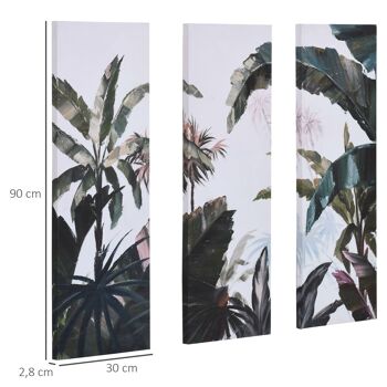 Triptyque imprimé et peint paysage tropical - dim. 90L x 30l cm (x3) - décoration murale - toile 100% polyester structure bois de pin encre vert blanc 3