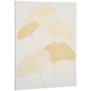 Tableau imprimé et peint feuilles ginkgo biloba - dim. 100L x 80l cm - décoration murale - toile 100% polyester structure bois de pin encre dorée blanc 1