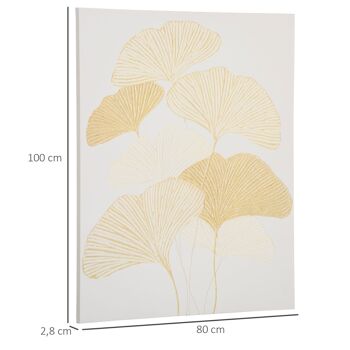 Tableau imprimé et peint feuilles ginkgo biloba - dim. 100L x 80l cm - décoration murale - toile 100% polyester structure bois de pin encre dorée blanc 3