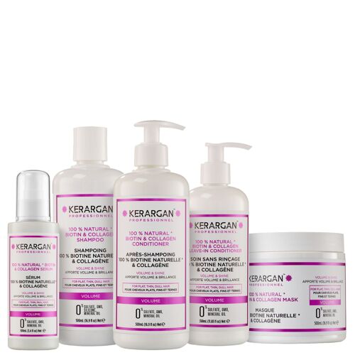 Kerargan - Ensemble Volumisant Shampoing, Après-shampoing, Masque, Sérum & Leave-In à la Biotine & Collagène - 3x500ml+1x100ml+1x350ml
