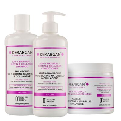 Kerargan - Trio shampoo, balsamo e maschera volumizzante con biotina e collagene - 3x500 ml
