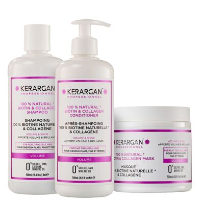 Kerargan - Trío Voluminizador de Champú, Acondicionador y Mascarilla con Biotina y Colágeno - 3x500ml