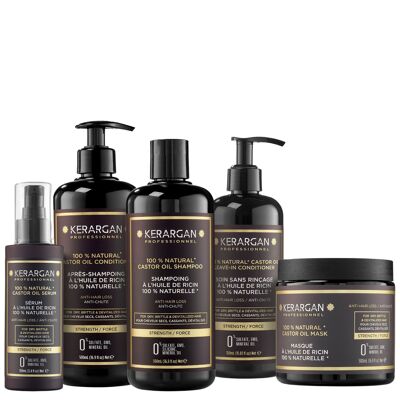Kerargan - Set anticaduta shampoo, balsamo, maschera, siero e senza risciacquo con olio di ricino - 3x500ml+100ml+350ml