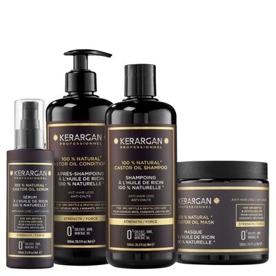 Kerargan - Set shampoo, balsamo, maschera e siero anticaduta con olio di ricino - 3x500ml + 100ml