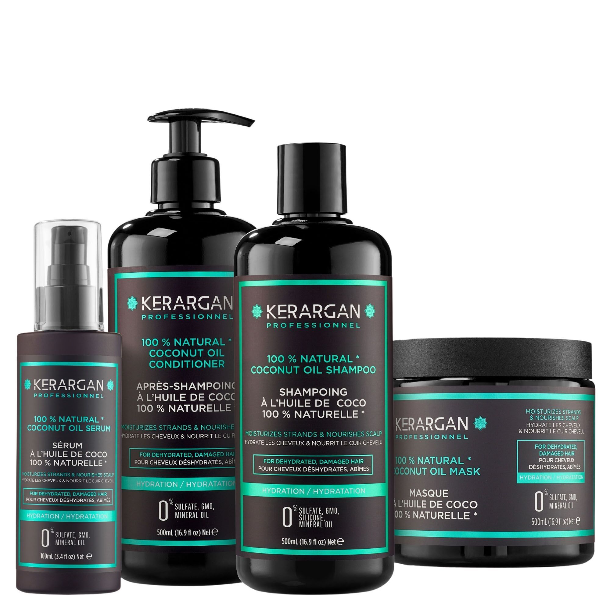 Kerargan - Set Champú, Acondicionador, Mascarilla y Sérum Hidratante con Aceite de Coco - 3x500ml + 100ml