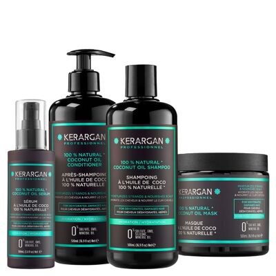 Kerargan - Set shampoo, balsamo, maschera e siero idratante con olio di cocco - 3x500ml + 100ml