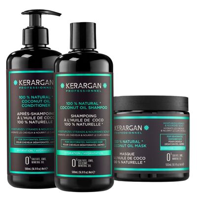 Kerargan – Feuchtigkeitsspendendes Trio aus Shampoo, Spülung und Maske mit Kokosnussöl – 2 x 500 ml