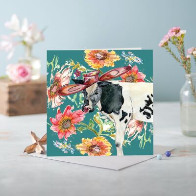 Cottage Floral Cow Greeting Card