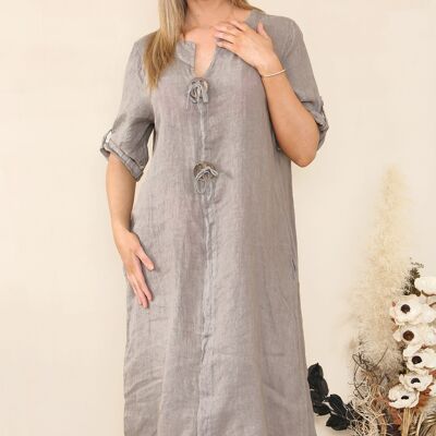 Decorative button rolled sleeve linen dress