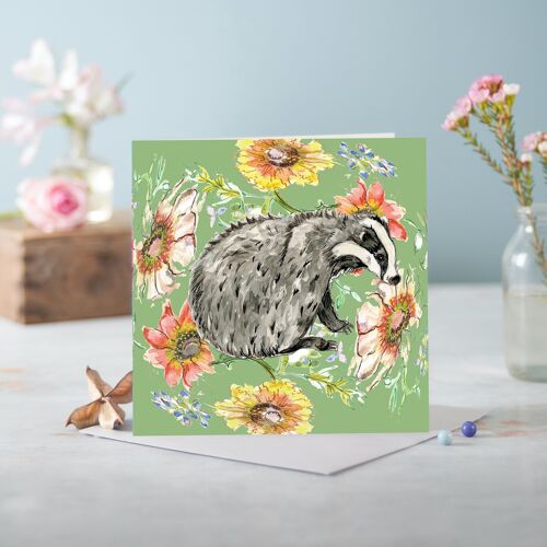 Cottage Floral Badger Greeting Card