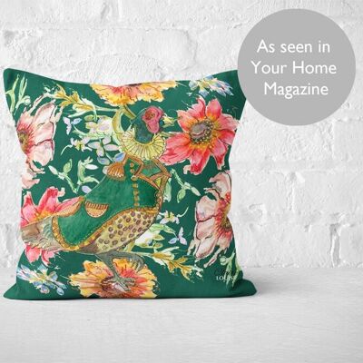 Cottage Floral Forest Green Pheasant Cushion