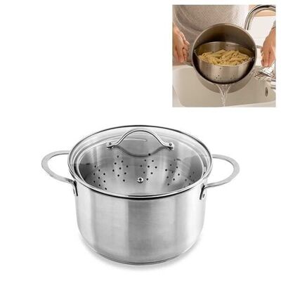 24 cm stainless steel stockpot with rotating strainer basket and 6.7 L glass lid Mathon