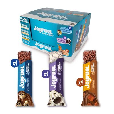 JOYFUEL Coffret panaché de 12 Barres Protéinées de 55gr -3 saveurs -Cookie Dough- Cookie & Cream- Goûts Chocolat au Lait & Caramel