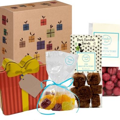 Caja de regalo con tarro de galletas, grageas y gelatina de frutas