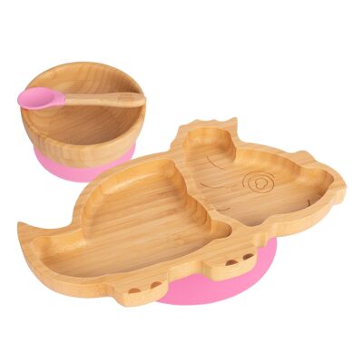 Tiny Dining Plato, Cuenco y Cuchara de Dinosaurio de Bambú para Niños con Ventosas - Rosa