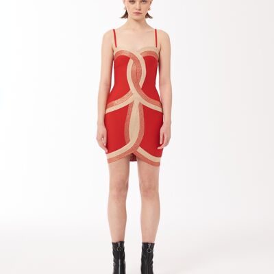 Mini robe bandage à panneau contrasté en rouge et or