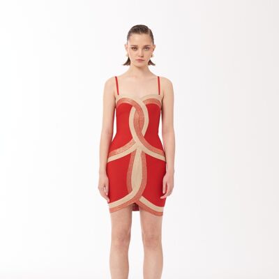 Mini robe bandage à panneau contrasté en rouge et or