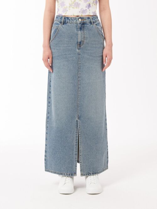 Split Denim Maxi Skirt in Blue