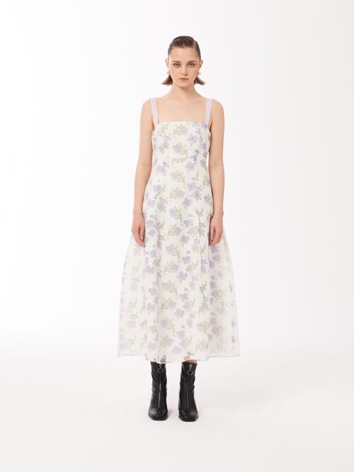 Floral Print Midi Dress in White and Lilac