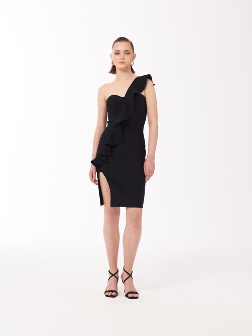 One Shoulder Ruffle Slit Hem Bandage Mini Dress in Black