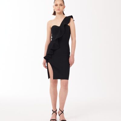 One Shoulder Ruffle Slit Hem Bandage Mini Dress in Black