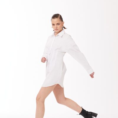 Fitted Waist Button-front Mini Shirt Dress in White