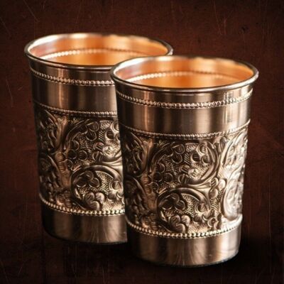 Pure Copper Set: 2 Cups Heavy Duty - 90 gr/300 ml with Relief (Embossed)