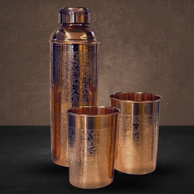 Set aus reinem Kupfer: Flasche (± 750 ml) + 2 Tassen Blumenmuster ganz