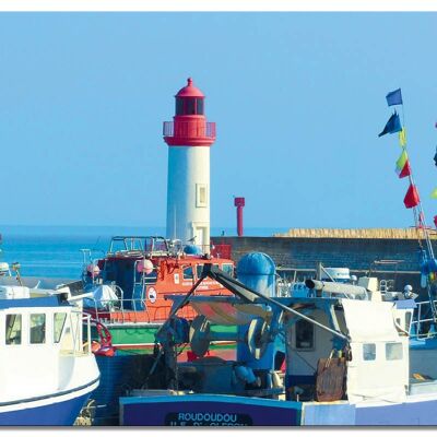 Papier peint : flotte de pêche avec phare - format paysage 4:3 - nombreuses tailles et matériaux - motif d'art photographique exclusif comme image sur toile ou image sur verre acrylique pour la décoration murale