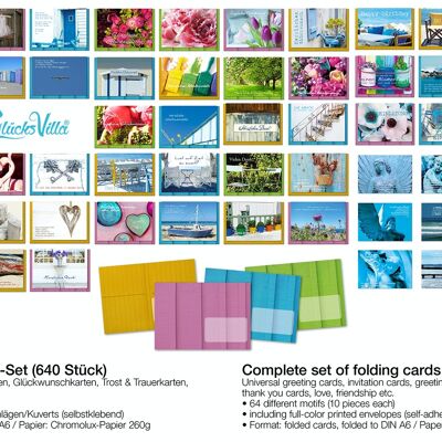 Juego completo de tarjetas de felicitación / plegables de Glücksvilla (640 piezas) que incluye sobres, idea de regalo para todas las ocasiones: invitación, felicitación, consuelo, luto, agradecimiento, amistad, amor, suerte