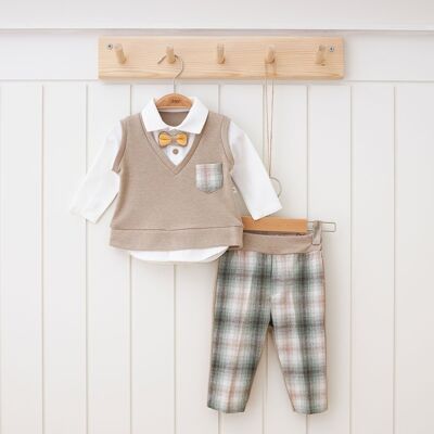 100% Cotton Baby Boy Stylish Set with Plaid Fabric