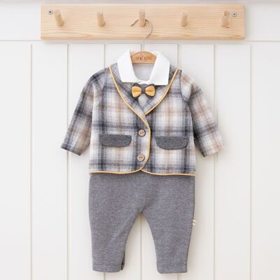 100% Cotton Baby Boy Stylish Jacket Set with Plaid Fabric