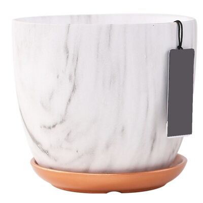 Cache Pot rounded white marble effect with a saucerx14 H 13cm