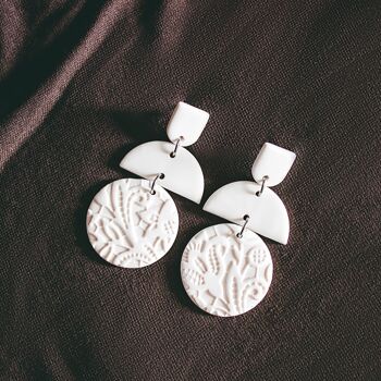 Bridal Style White Statement Polymer Clay Earrings, "BELLE" 1