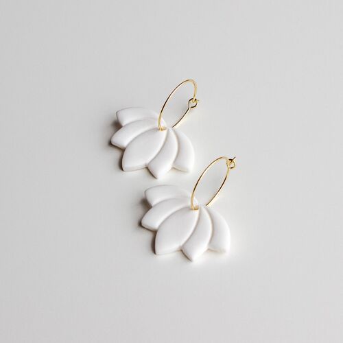 White Lotus Flower Hoop Polymer Clay Earrings, "CLAIRE"