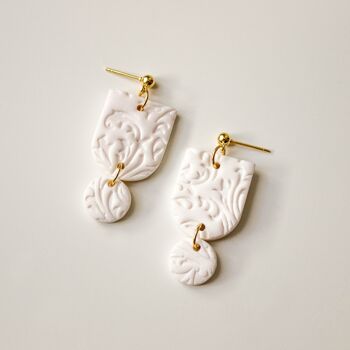 White Textured Elegant Polymer Clay Earrings, "EMMY" 2