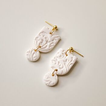 White Textured Elegant Polymer Clay Earrings, "EMMY" 4