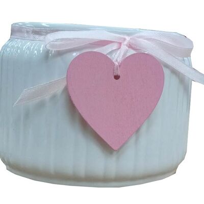 Ribbed White Pot with Ribbon and Pink Couture Heart x 13.8 x H10.5cm