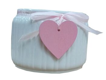 Pot Blanc strié avec Ruban et Coeur Rose Couturex13,8 x H10,5cm