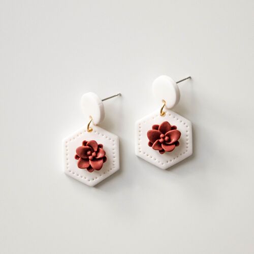 White Floral Clay Earrings With Red Flower, "ISLA"