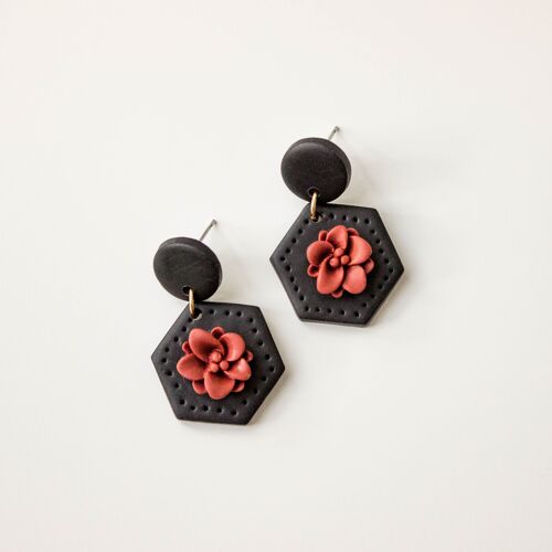 Black Polymer Clay Earrings With Red Flower, "ISLA"