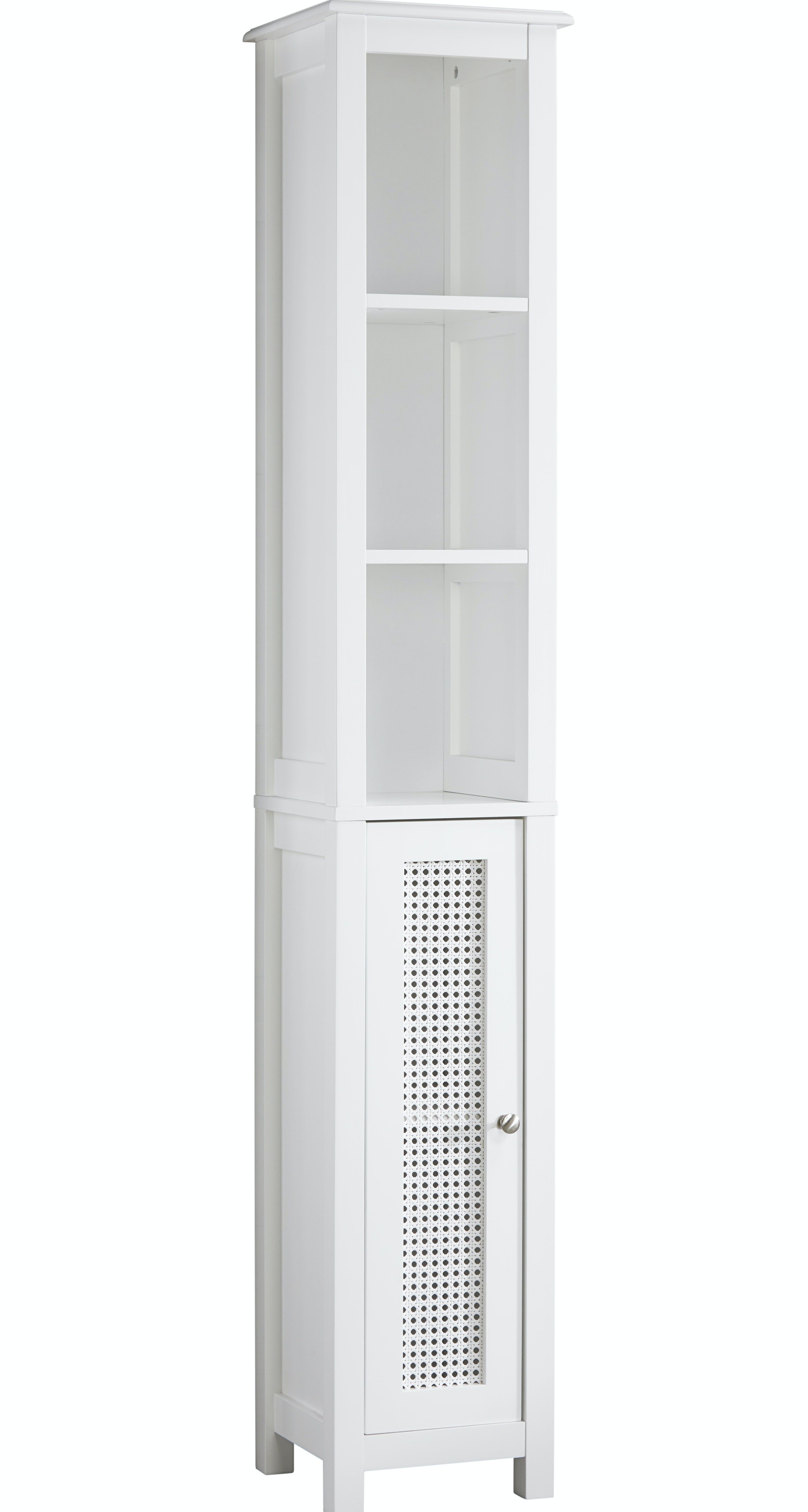 Rattan-Detail-Tallboy-Badezimmerschrank in Weiß