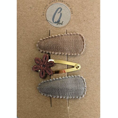 Baby hair clips linen brown with flower gold
