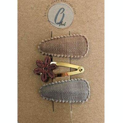 Baby hair clips linen brown with flower gold