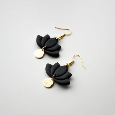 Lotus Flower Polymer Clay Earrings, "LOTUS" (in black)