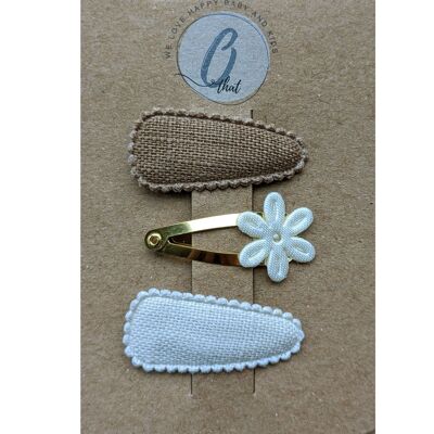 Baby hair clips linen brown / beige with flower gold
