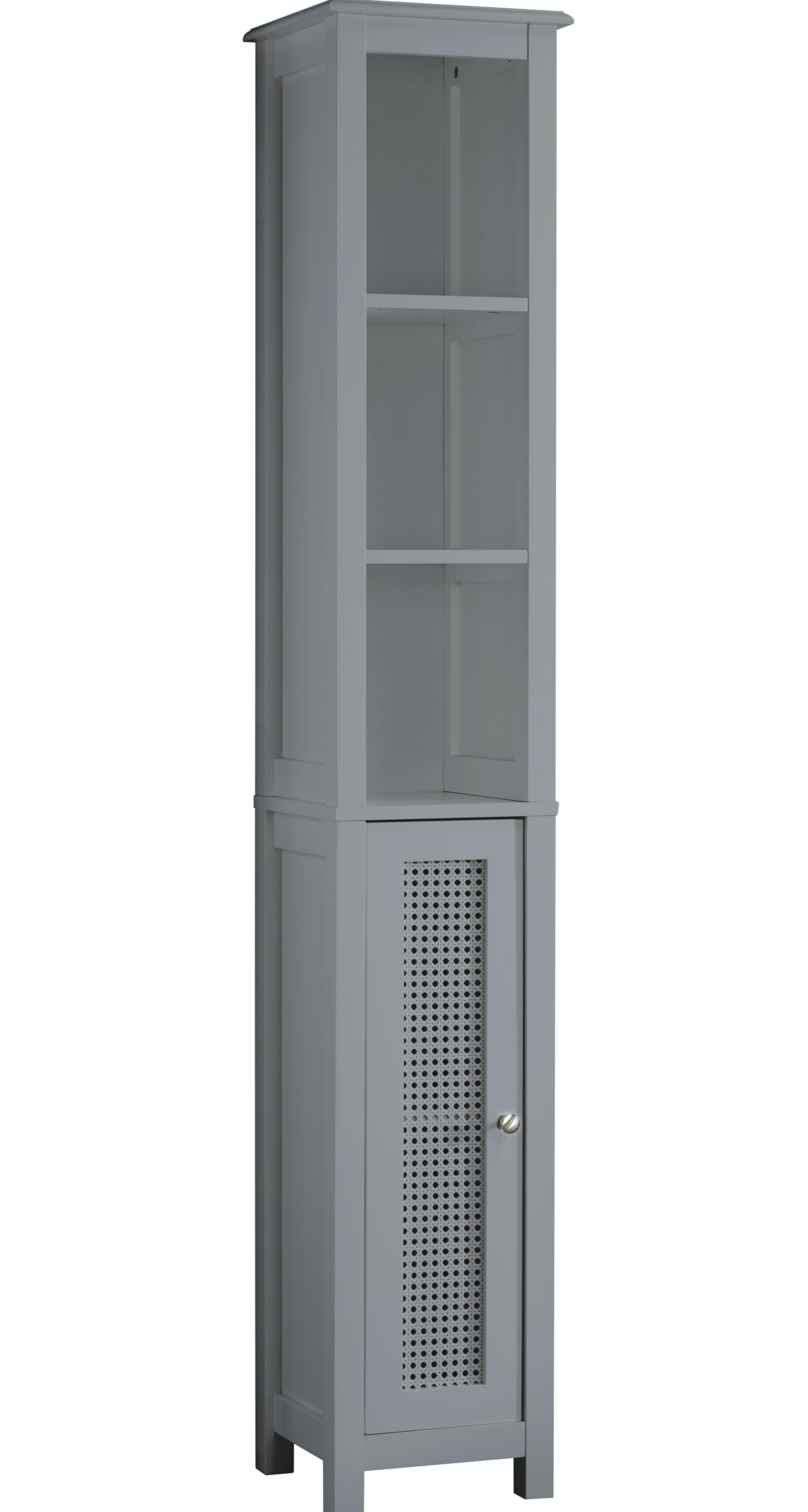 Hoher Badezimmerschrank mit Rattan-Detail, Badezimmer-Aufbewahrungseinheit in Grau