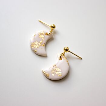 White & Gold Crescent Moon Polymer Clay Earrings, "LUNA" 4