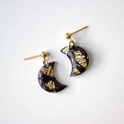 Black & Gold Flake Moon Polymer Clay Earrings, "LUNA"